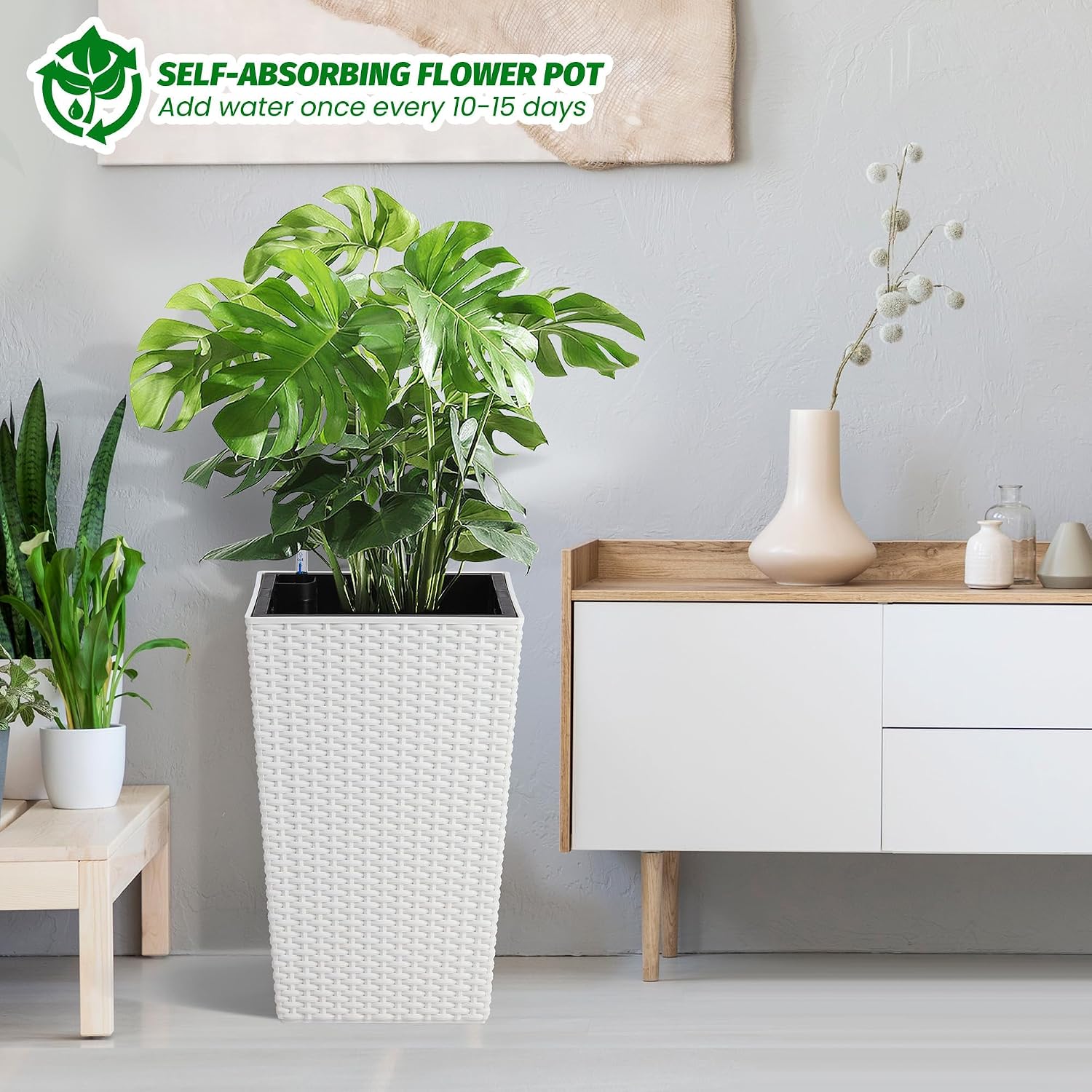 Self-Watering Rattan Tall Planter Pot with Water Level Indicator | Weather-resistant rattan planter, modern decor for