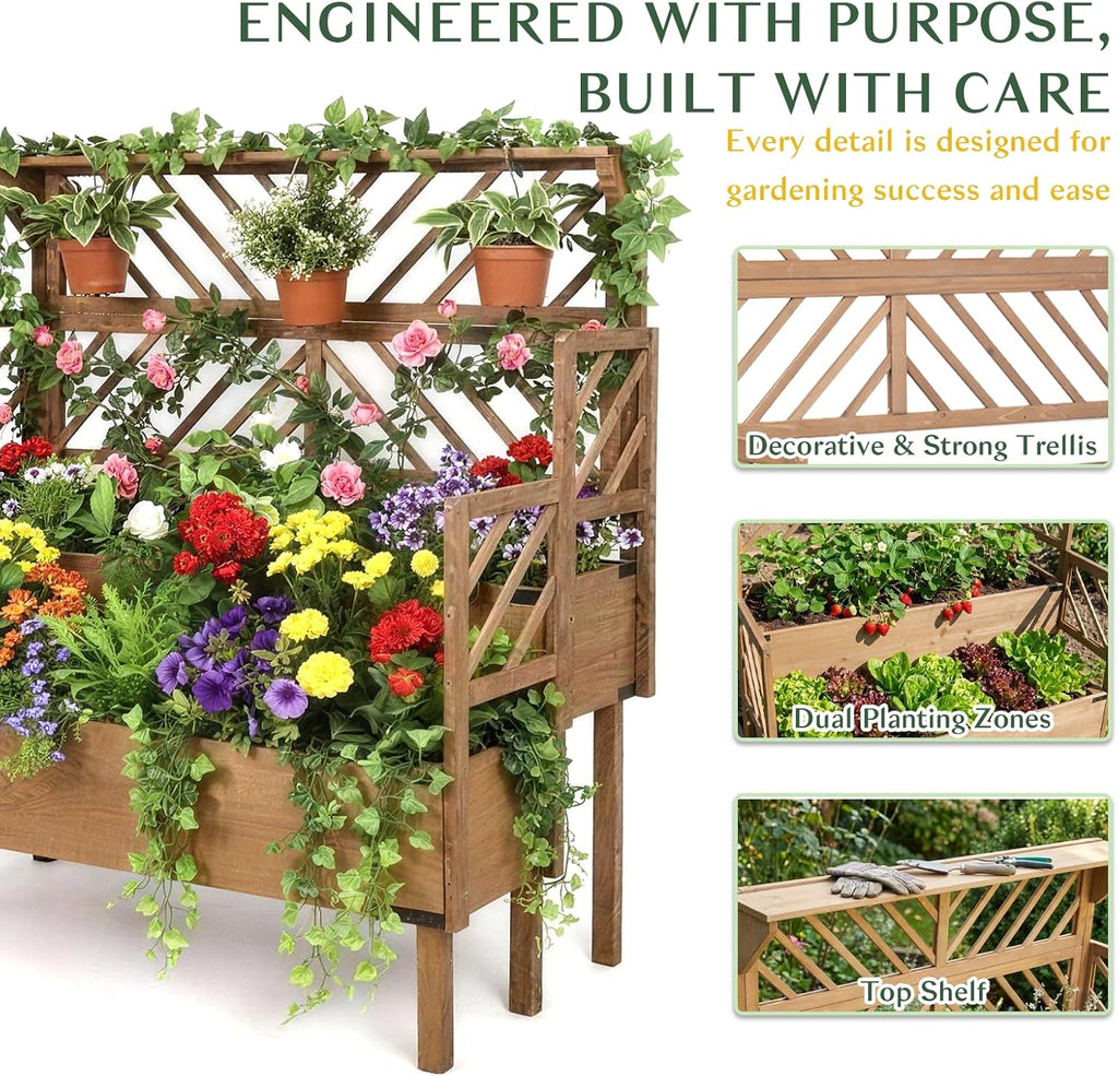 Raised Garden Bed Outdoor with Lattice Trellis, 47.2''H Wood Outdoor Flower Plant Stand with Two Planting Areas, Metal