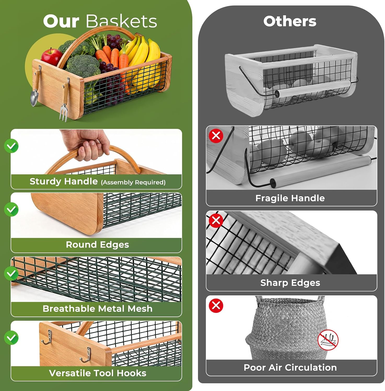 Garden Hod Harvest Basket - Durable Wooden Harvesting Basket with Metal Mesh for Vegetable Picking and Gathering