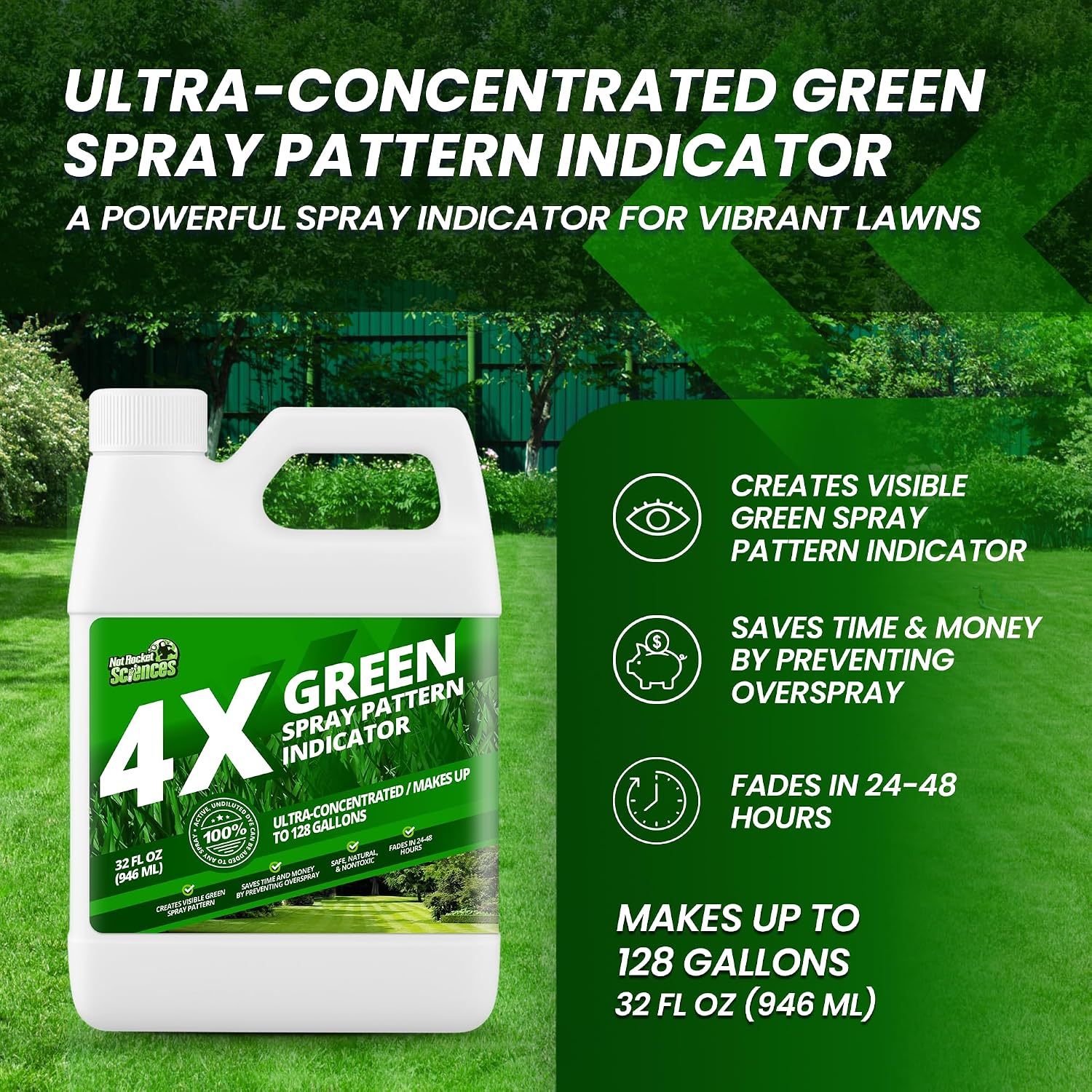 4X Green Spray Pattern Indicator Dye for Lawns & Gardens, 32oz | Not Rocket Sciences Concentrated Turf Marker, Makes