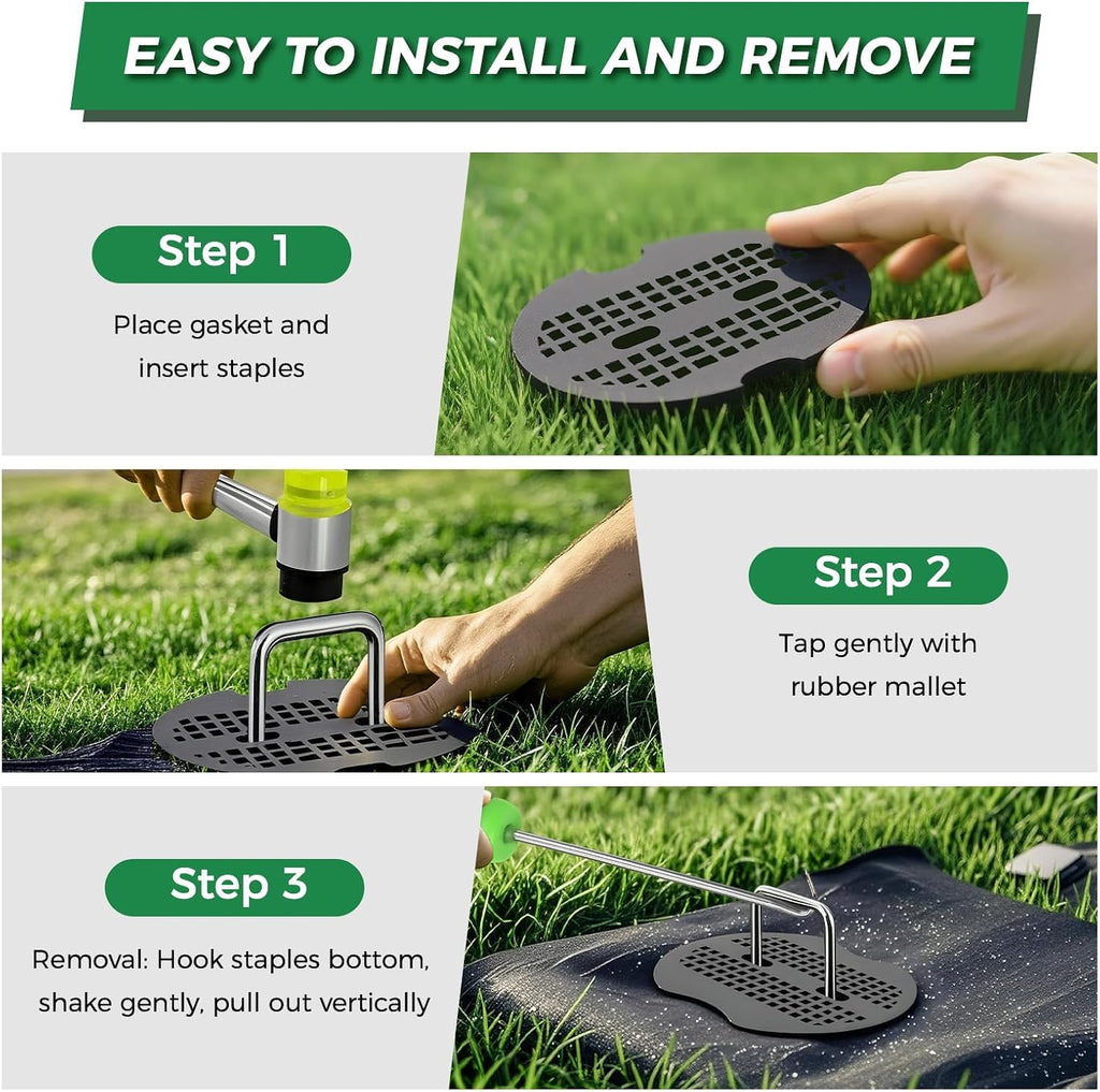 50Pcs Garden Staples +50Pcs Gasket +Pick Hook +Rubber Mallet, 6 Inch Landscape Fabric Stakes Galvanized Weed Barrier