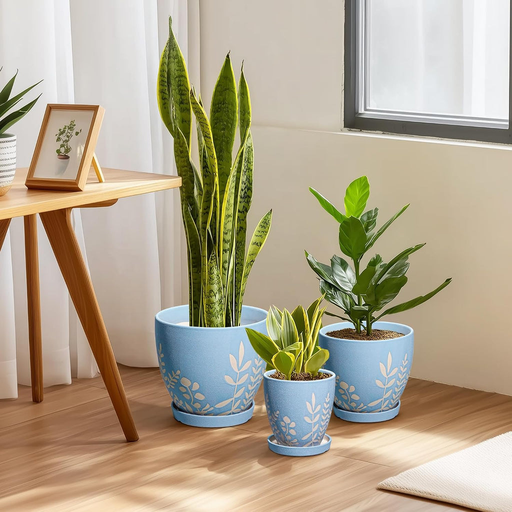 6 Inch Ceramic Plant Pot with Saucer - Small Flower Pot with Drainage for Succulents & Herbs, Boho Desk Home Office