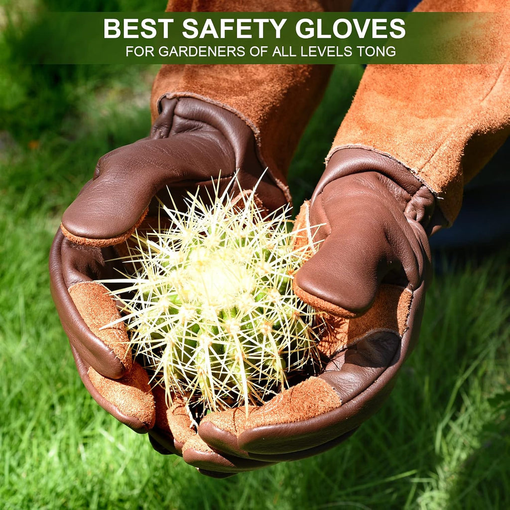 Long Gardening Gloves for Women Thorn Proof,Rose Pruning Cowhide Leather Garden Glove for Cactus, Rose and Blackberry