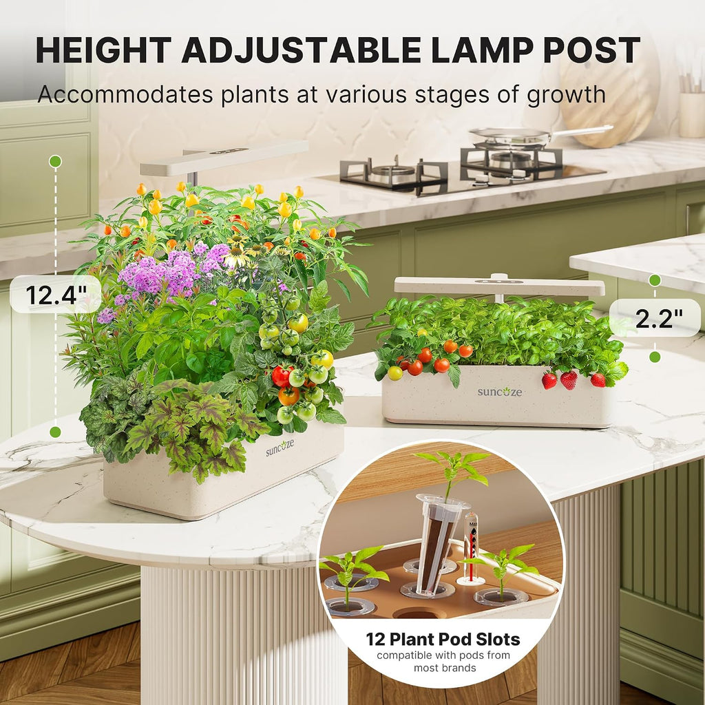Hydroponics Growing System, Compact 12 Pods Indoor Garden, Beige | 24W LED Dimmable Grow Light, 4L Water Tank with