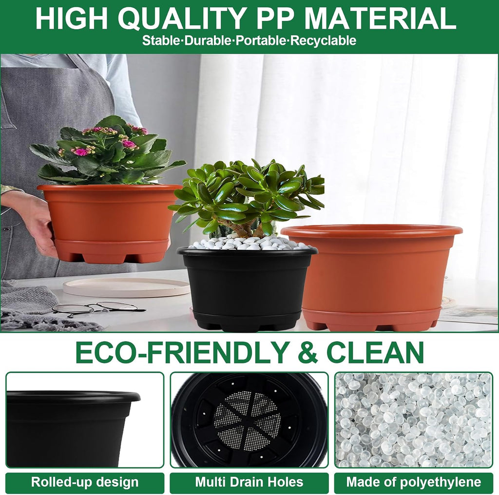 KPUVX 5 Pack 10.5 inch Plant Pots, Plastic Flower Pot | Indoor Outdoor, Drainage Holes & Trays, Decorative Garden