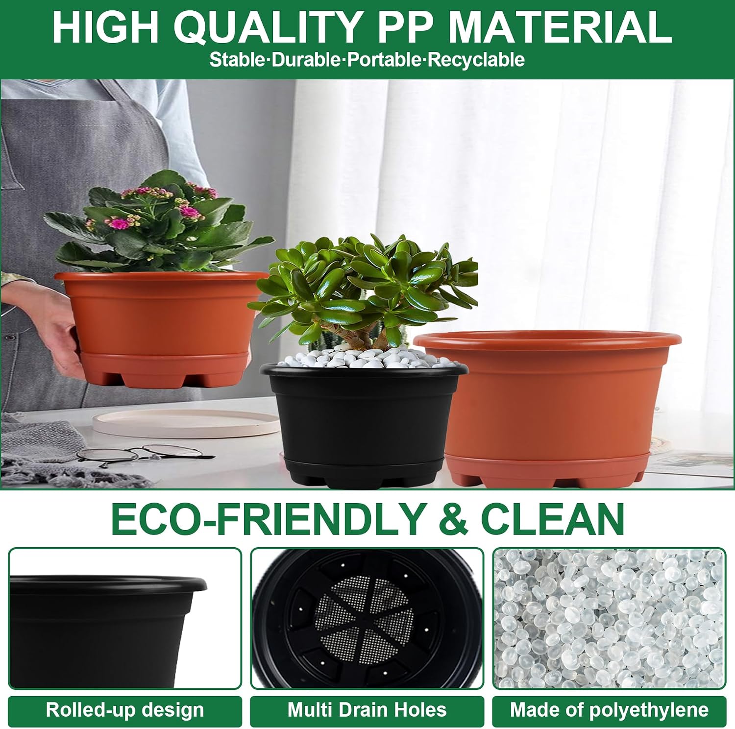KPUVX 5 Pack 10.5 inch Plant Pots, Plastic Flower Pot | Indoor Outdoor, Drainage Holes & Trays, Decorative Garden