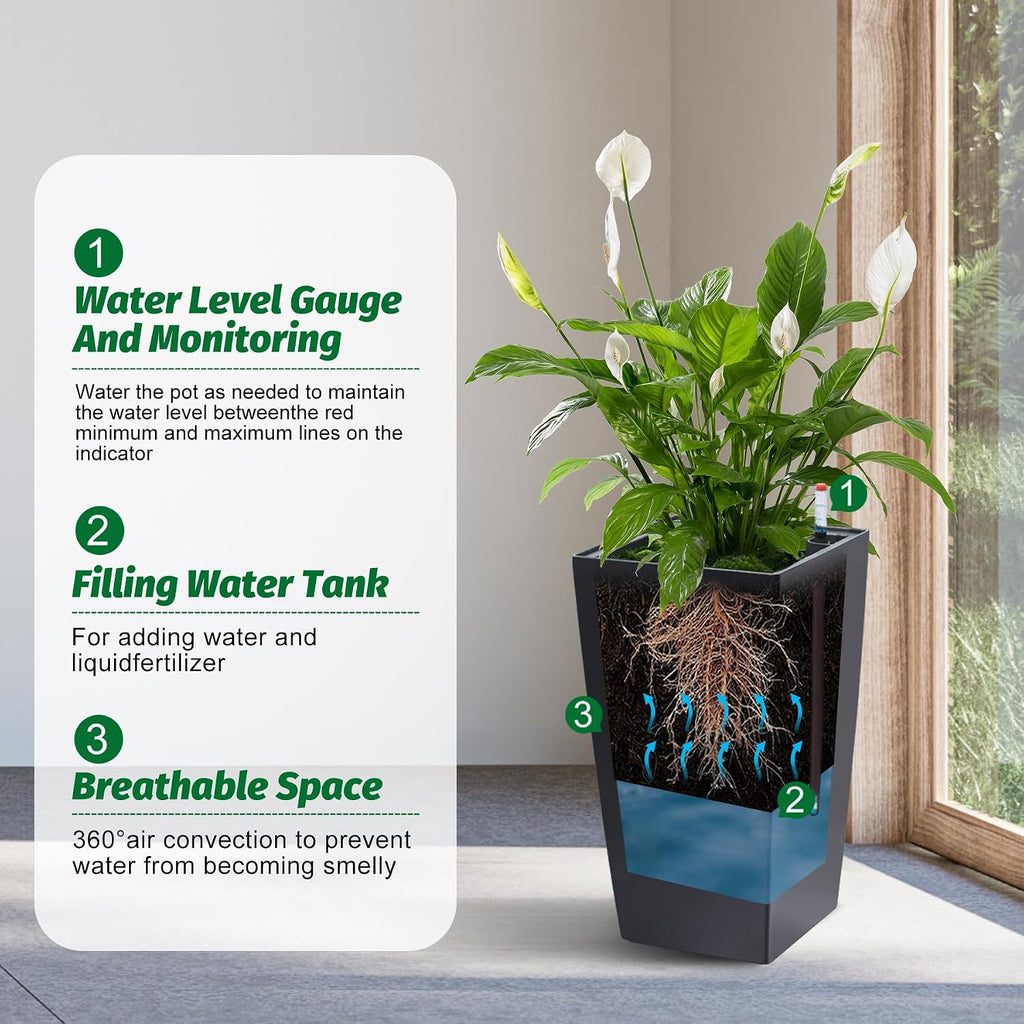 Garvee 16" Tall Planters Set of 2, Outdoor＆Indoor Planter Pots, Black | High Front Porch Planter Pots with Drainage