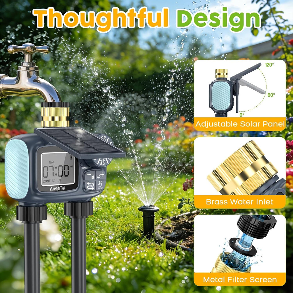 Solar Sprinkler Timer,2 Zone Brass Inlet Water Timer for Garden Hose | Programmable Intelligent Automatic Plant