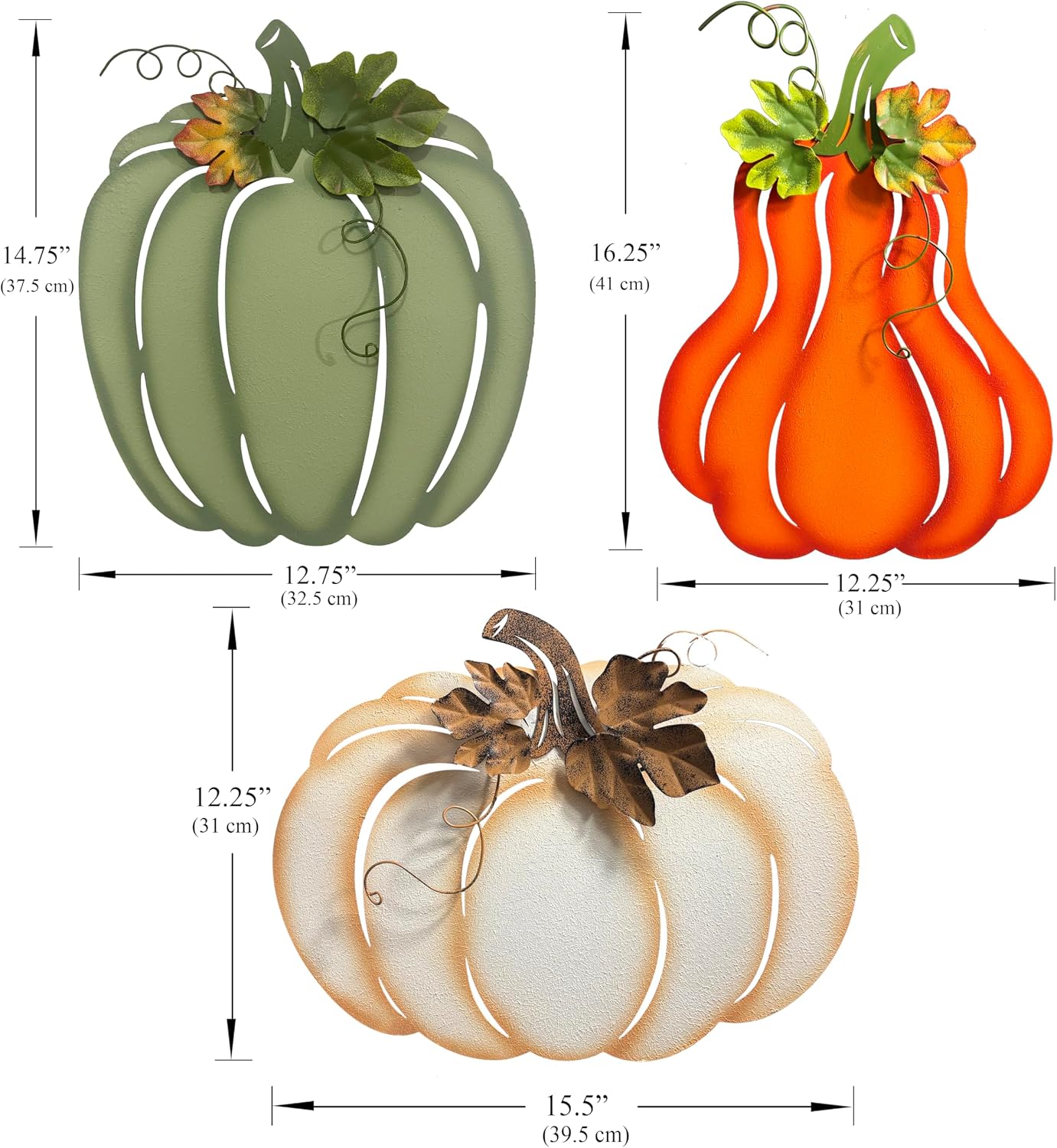 Fall Harvest Metal Pumpkin Garden Stakes, Set of 3, Orange White Green, Autumn Yard Decor