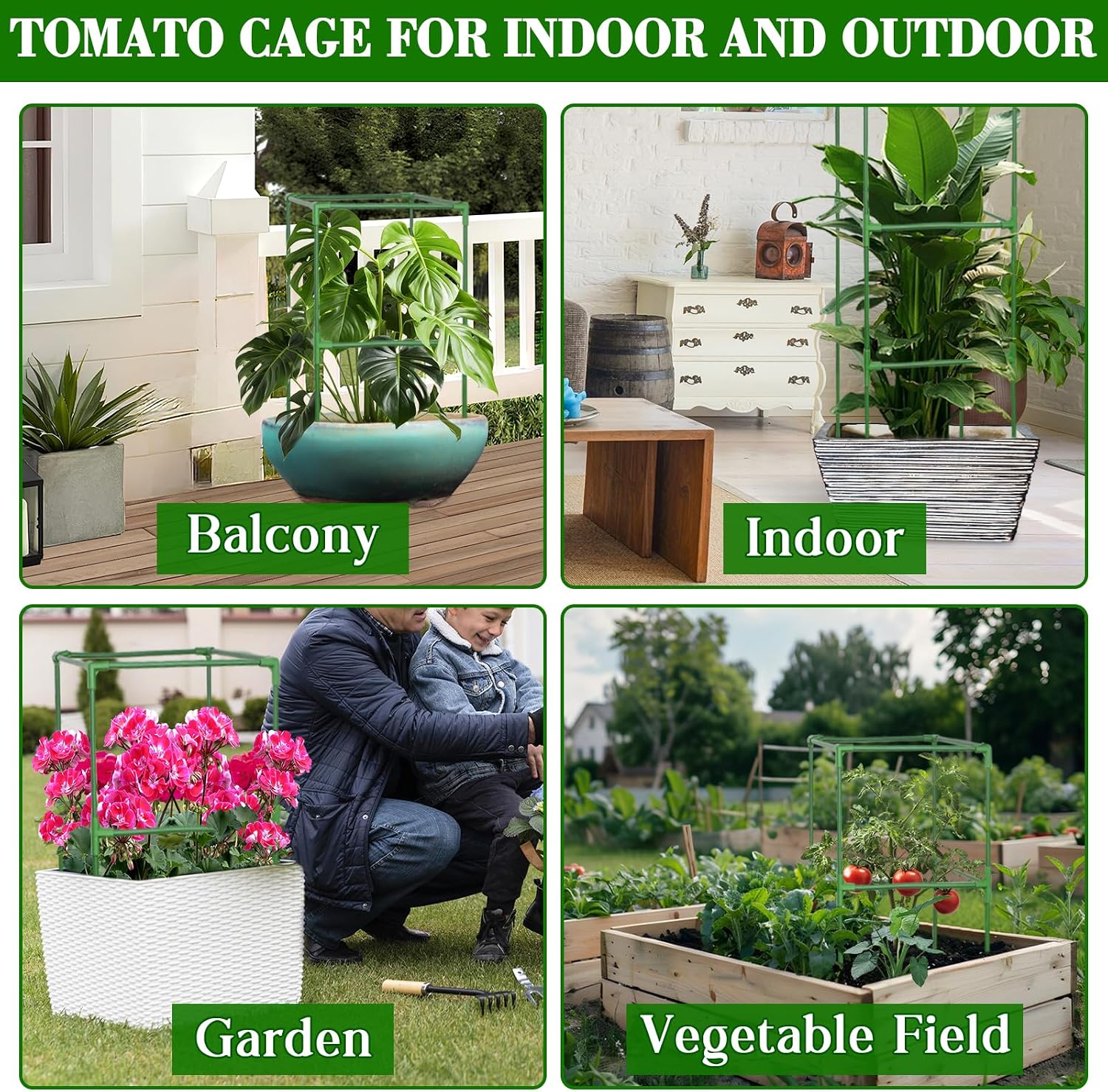 6 Pack 60 Inch Heavy Duty Tomato Cages for Garden with Clips | Square Tomato Trellis for Raised Garden Bed, Adjustable