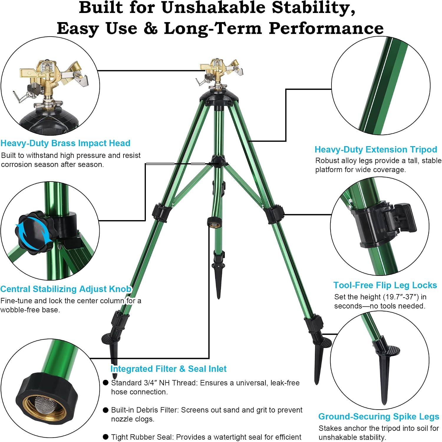 Impact Sprinkler on Tripod Base, 360° Adjustable Brass Sprinkler Head with Stakes, Heavy Duty Metal Tripod Lawn