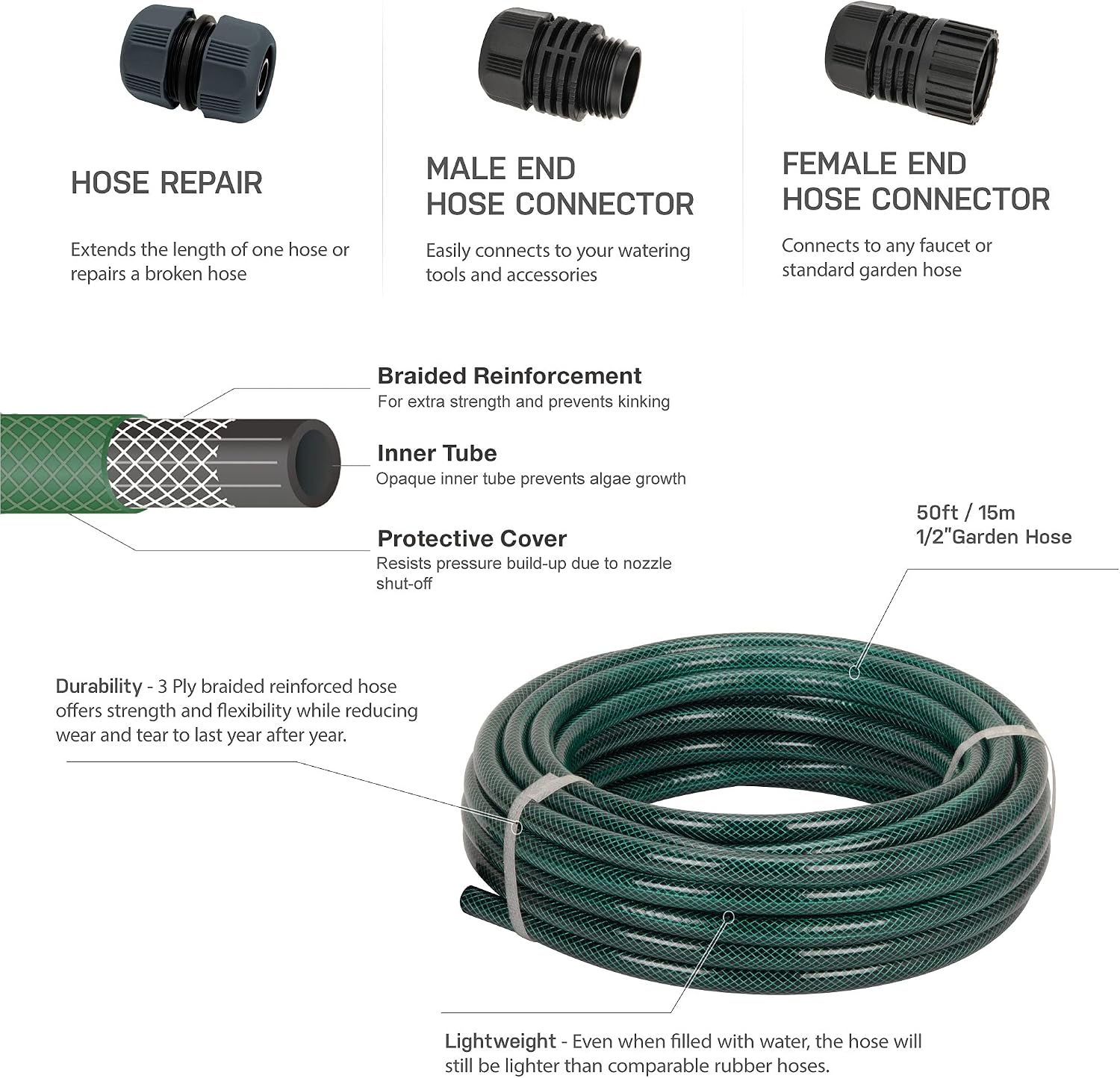 Eden 94051 Rubber Garden Hose 1/2 in. x 50 ft, DIY Hose Set