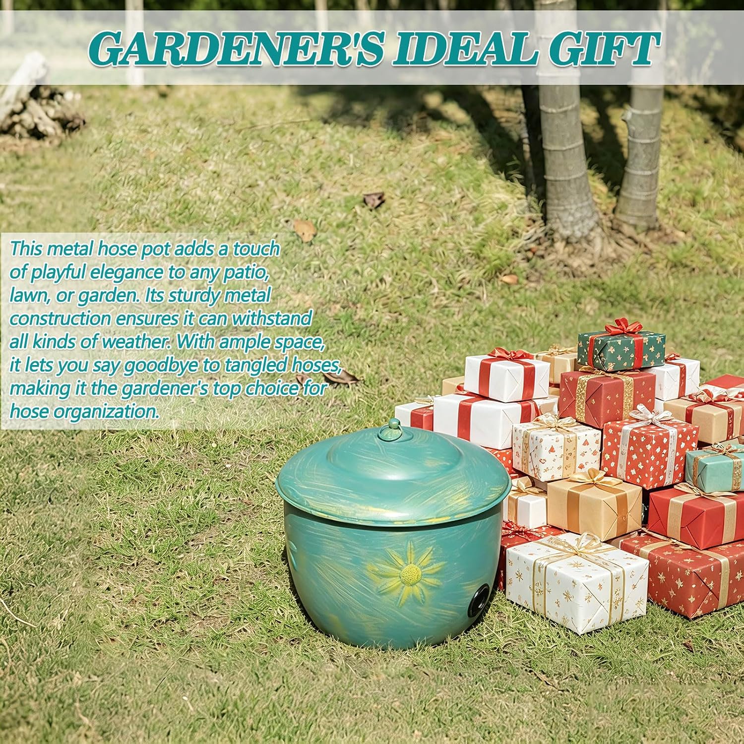 Metal Garden Hose Holder Storage Pot with Lid,Hose Pot for Outside | Holds Up To 100ft Hoses,Outdoor or