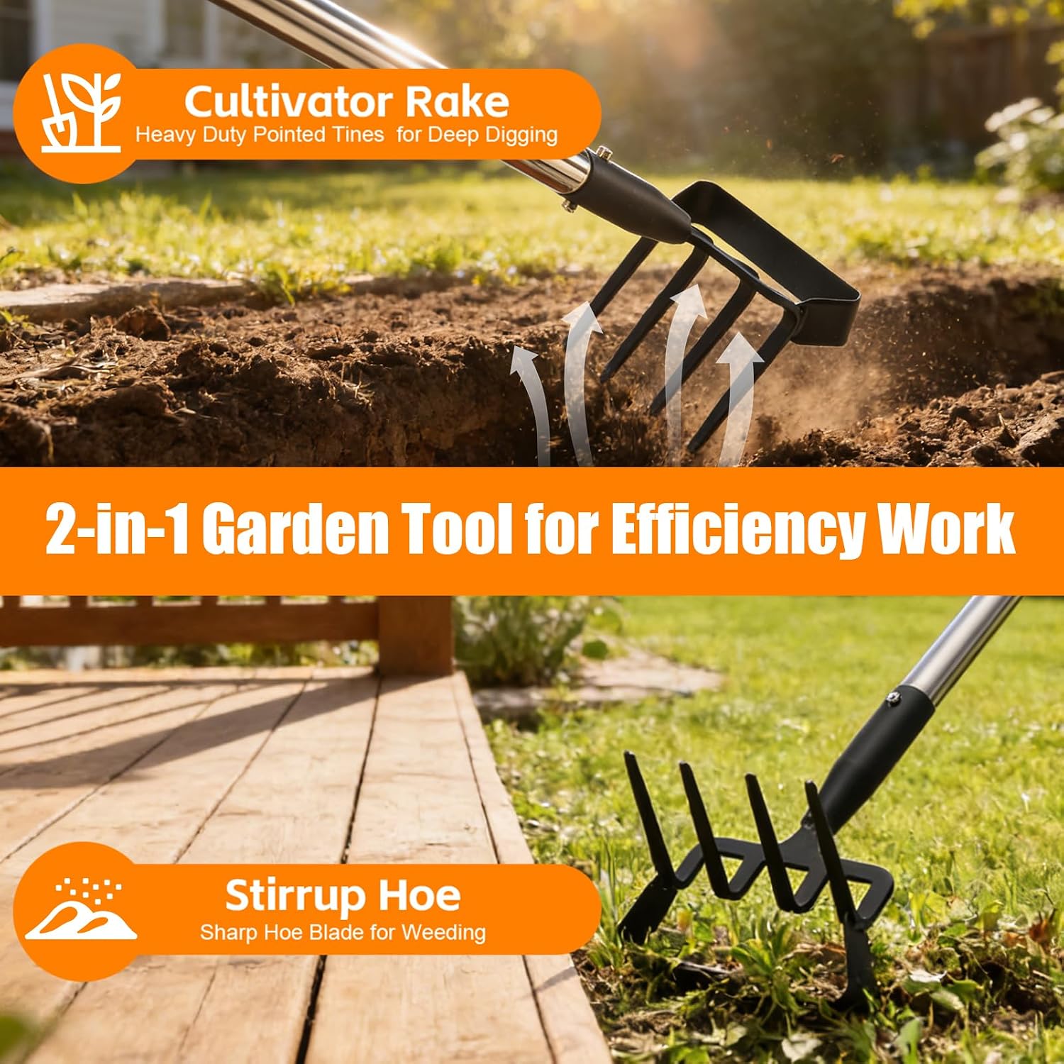 2-in-1 Heavy Duty Garden Hoe with 60" Adjustable Handle, Stirrup Hoe & Cultivator Weeding Rake - Lightweight Gardening