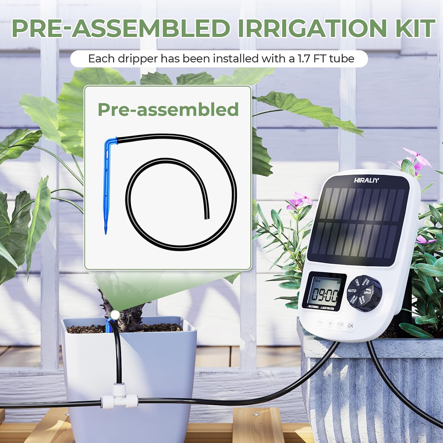 HIRALIY Solar Drip Irrigation System with Timer, Automatic Plant Watering | USB Backup, 12 Drip Emitter Stakes, 40FT