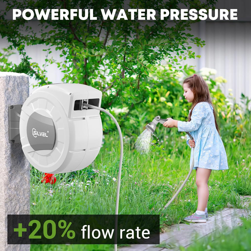 Retractable Garden Hose Reel, 1/2" x 100ft Wall Mount Heavy Duty Automatic Hose Reel with 10 Pattern Nozzle, Any Length