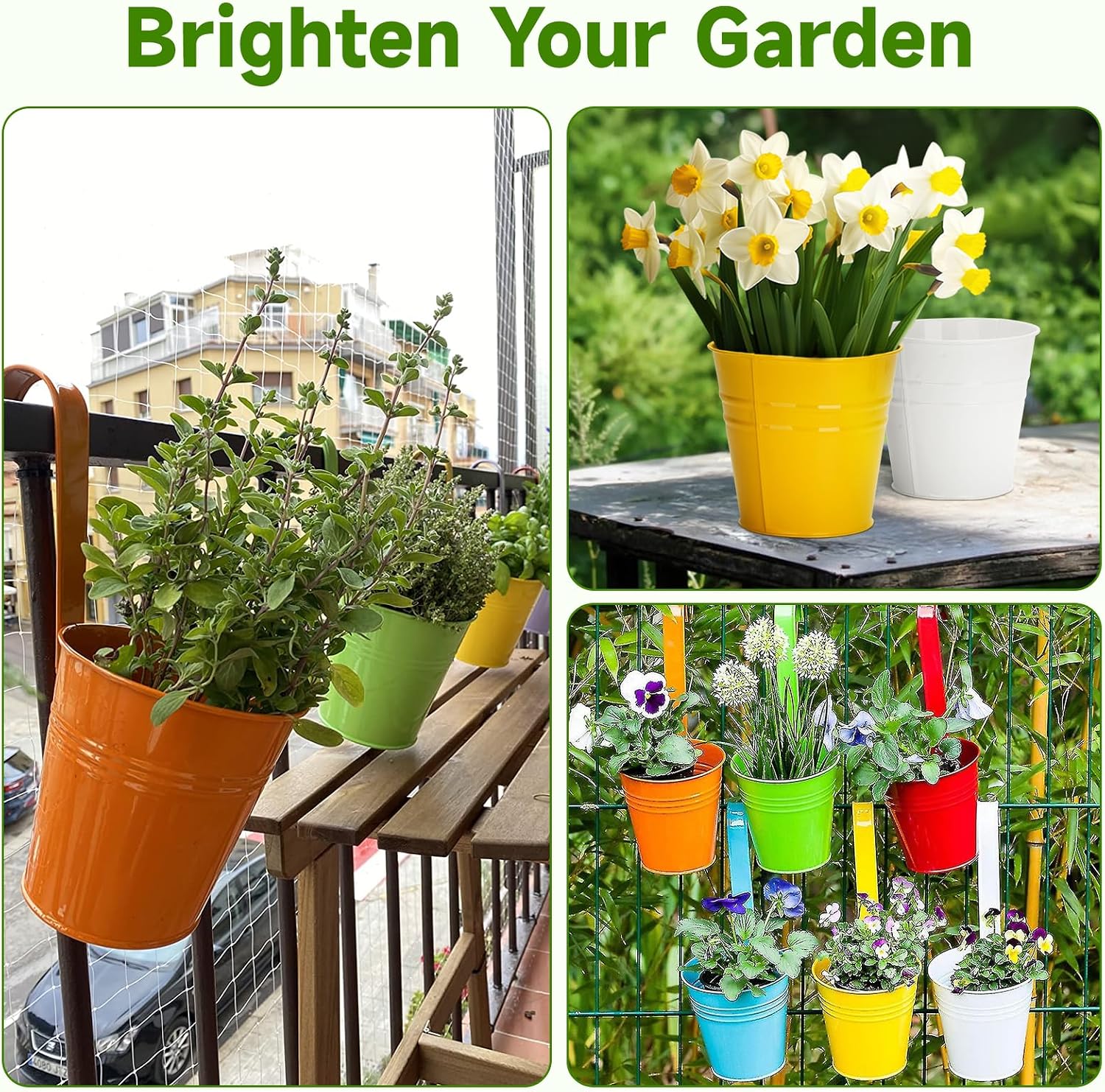 KINGLAKE Flower Pots,10 Pcs Metal Iron Hanging Flower Plant Pot Balcony Garden Plant Planter Baskets Fence Bucket Pots