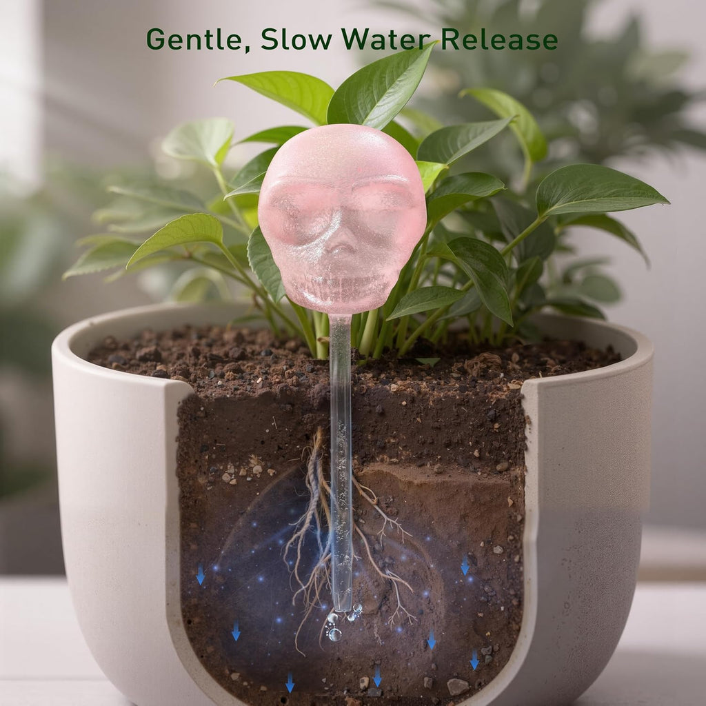 Soilagua 10 oz Glow-in-The-Dark Smiling Cute Skull Glass Plant Watering Globes, Halloween Goth Water Bulbs, Gothic