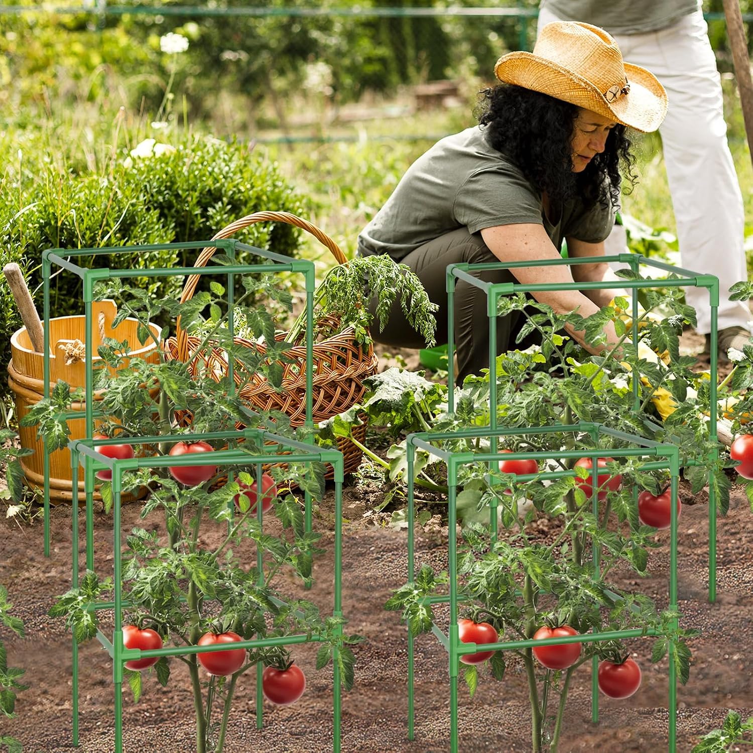 60 Inch Heavy Duty Tomato Cages for Garden with Clips 2 Pack | Square Tomato Trellis for Raised Garden Bed, Adjustable