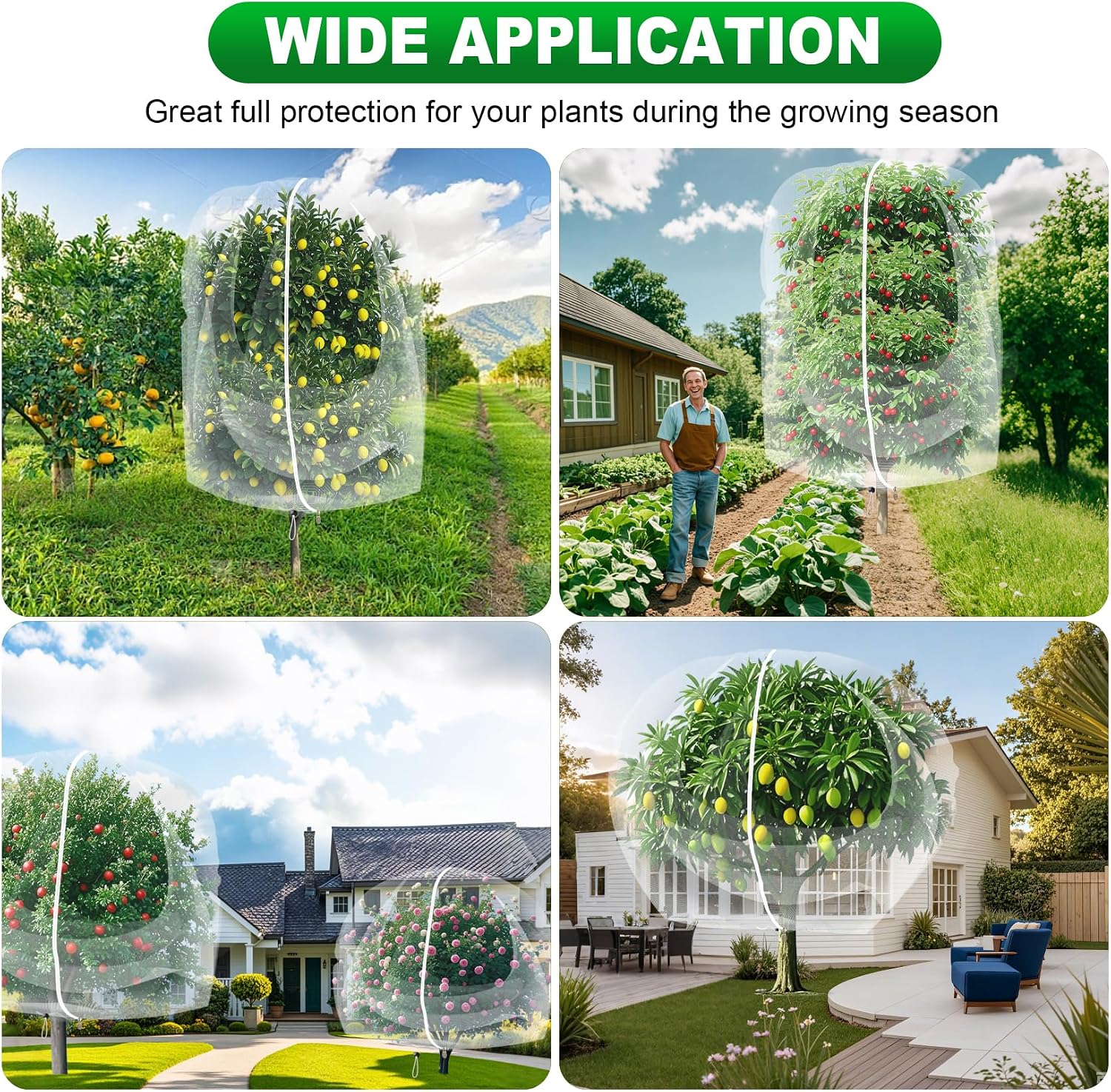 2 Pack Large Fruit Trees Netting 8ftx8ft with Zipper&Drawstring Garden Birds Net Mesh Insect Netting Plant Covers