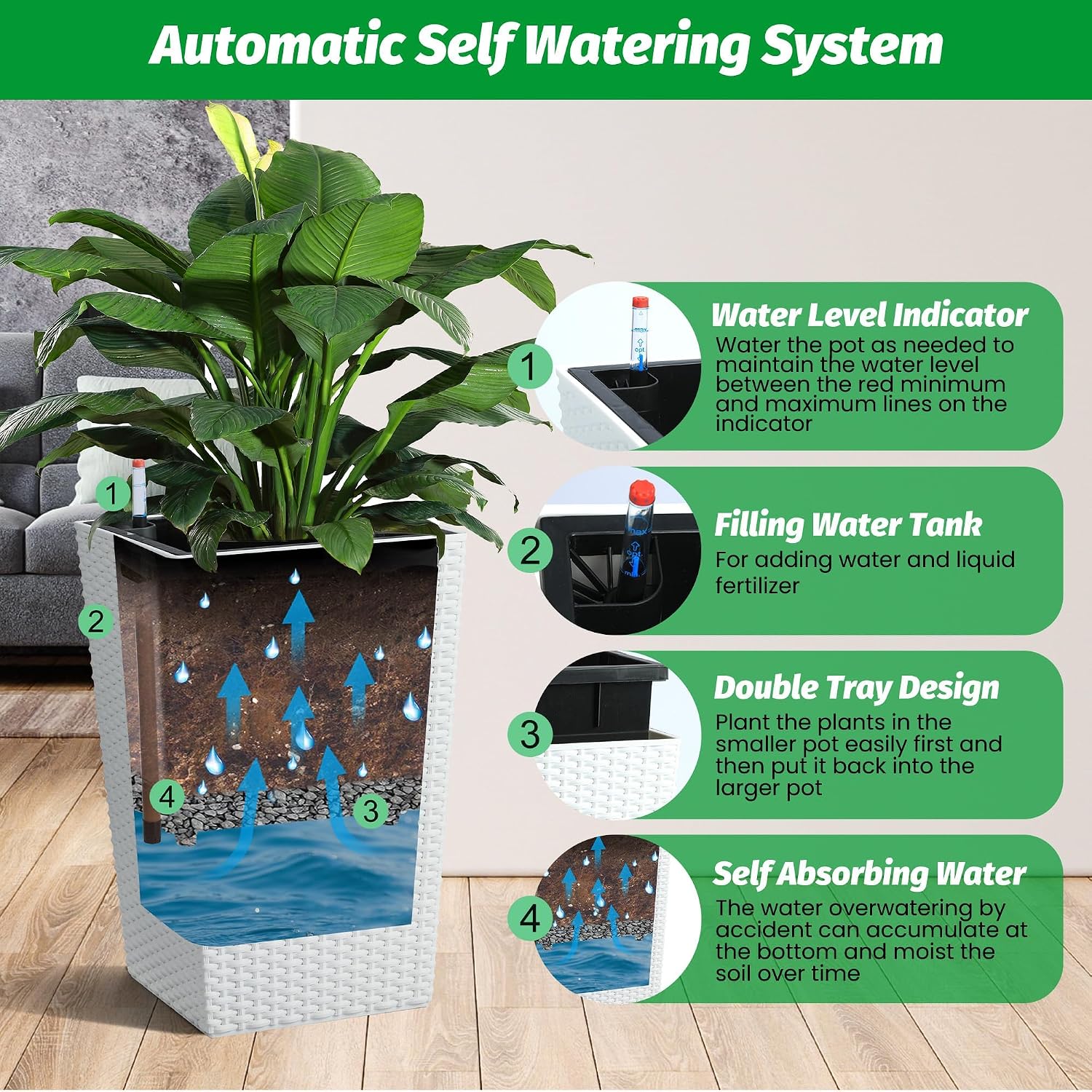 Self-Watering Rattan Tall Planter Pot with Water Level Indicator | Weather-resistant rattan planter, modern decor for