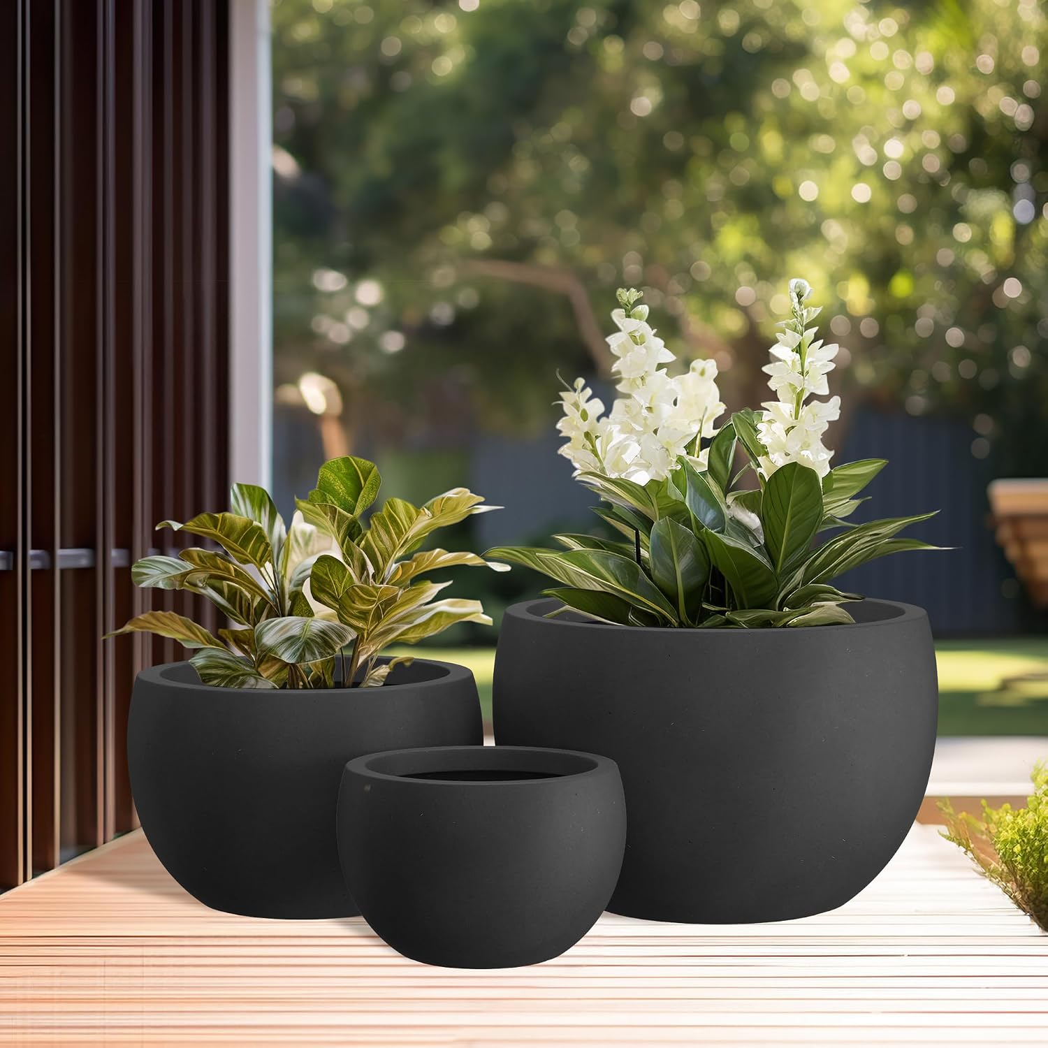 Kante Set of 3 Black Concrete Bowl Planters 20" 15.7" 11.8" Dia | Drainage for Outdoor, Rubber Plug for Indoor Home