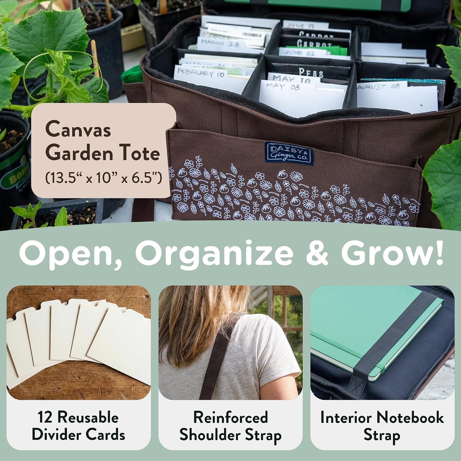SEED STORAGE ORGANIZER TOTE BAG - Flexible Canvas Seed Organizer Holds 180 Seed Packets with Shoulder Strap, Side