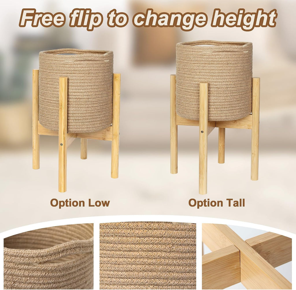 Plant Basket with Stand, Indoor Round Wicker Basket Plant with Bamboo Wood Stand, Decorative Woven Rope Flower Indoor
