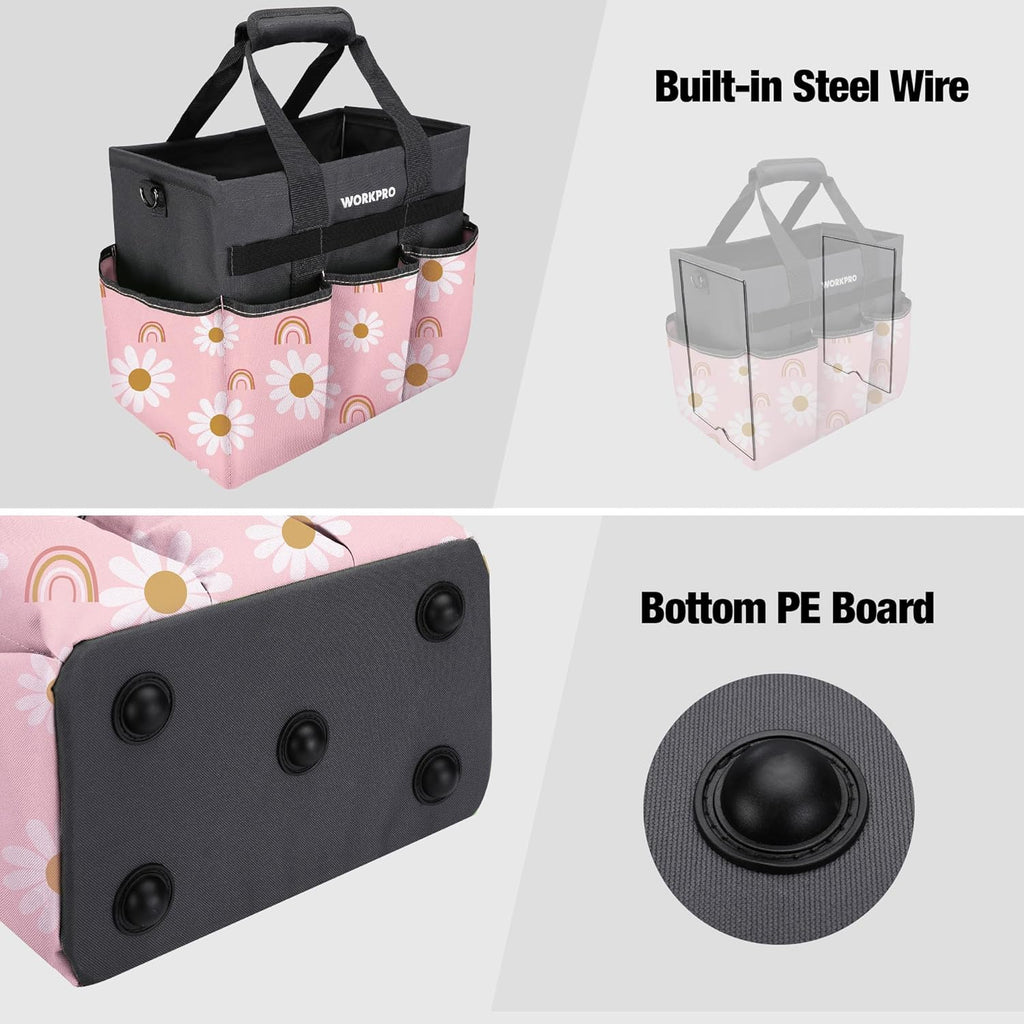 WORKPRO Garden Tool Bag, 10 Pockets and Shoulder Strap, Floral Pink | Heavy Duty Gardening Organizer Tote Bag Standable
