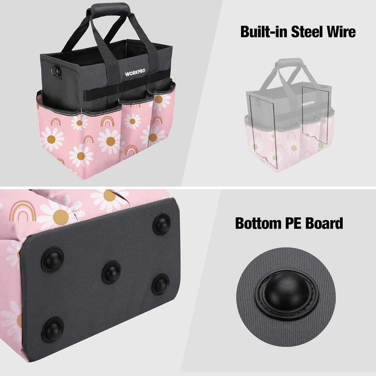 WORKPRO Garden Tool Bag, 10 Pockets and Shoulder Strap, Floral Pink | Heavy Duty Gardening Organizer Tote Bag Standable