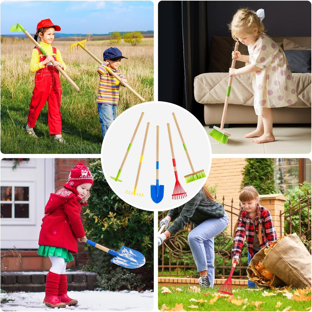 Theefun Kids Garden Tool Set 5pcs, Toddler Hoe Rake Shovel Leaf Rake Broom | Safe Kids Gardening Tools with Wooden