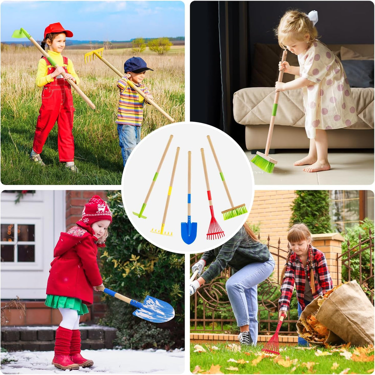 Theefun Kids Garden Tool Set 5pcs, Toddler Hoe Rake Shovel Leaf Rake Broom | Safe Kids Gardening Tools with Wooden
