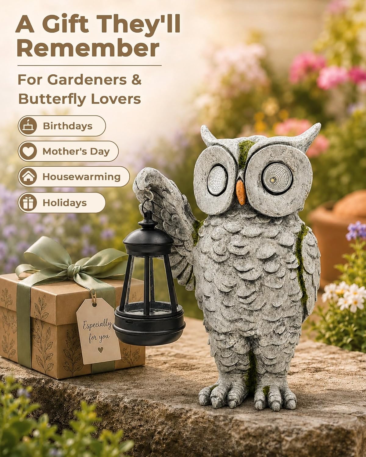 Solar Owl Garden Statue, Stone-Look Resin with Lantern | Glowing Eyes Auto Dusk Lighting Hand-Painted Finish