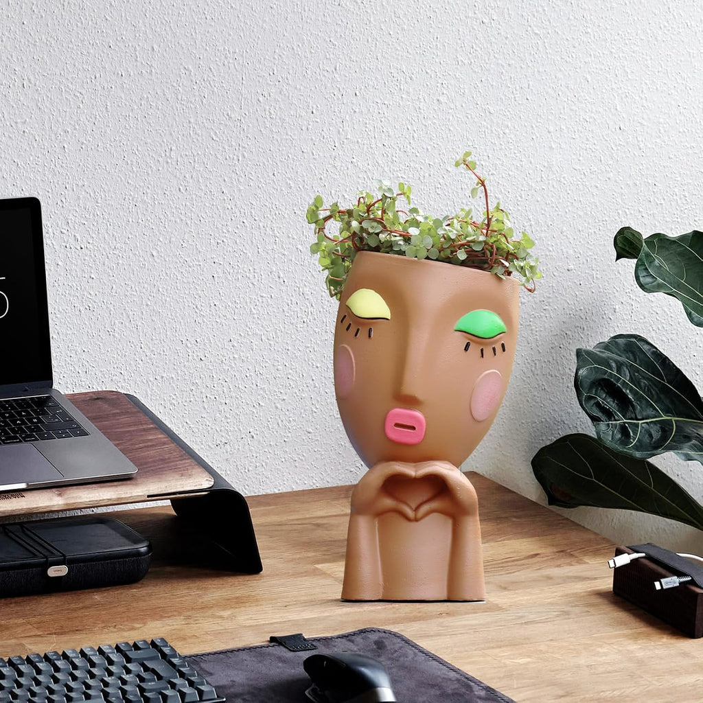 Cute Face Planter Head Pot for Indoor Plants, Unique Succulent Planter with Drainage, Decorative Resin Flower Pot for
