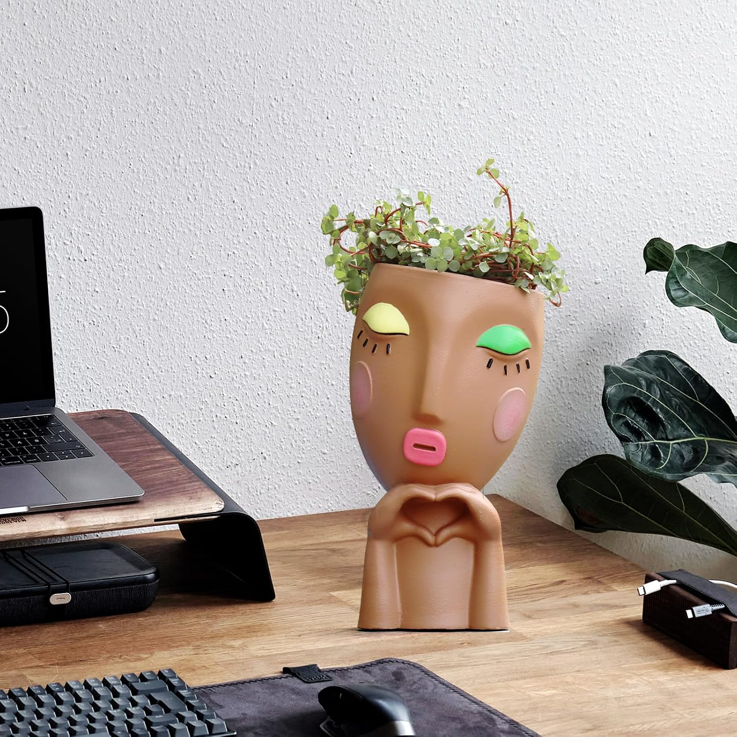 Cute Face Planter Head Pot for Indoor Plants, Unique Succulent Planter with Drainage, Decorative Resin Flower Pot for