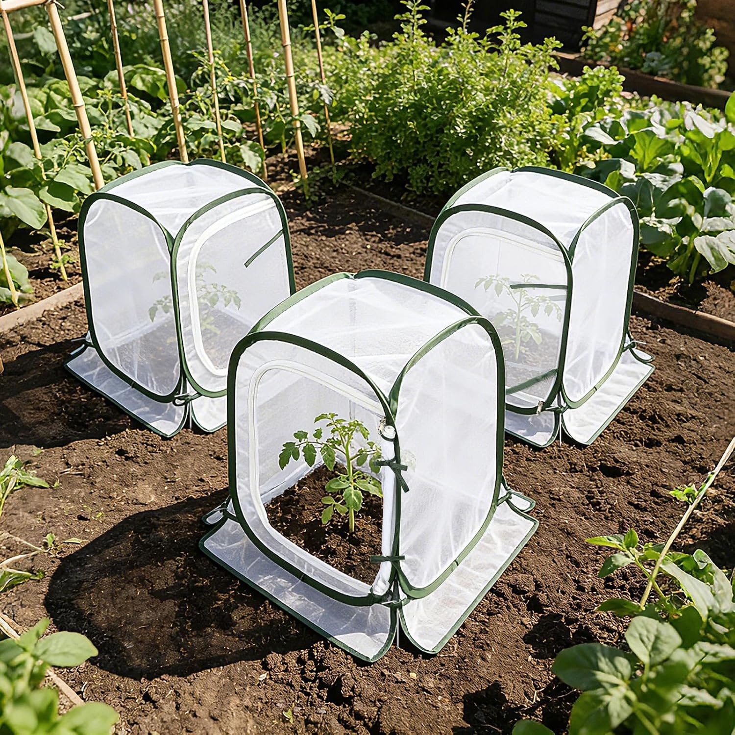 Pop Up Plant Covers, 3 Pack Mesh Net Protectors Cage with Stakes | Breathable Mesh, Outdoor Gardeners, Protecting