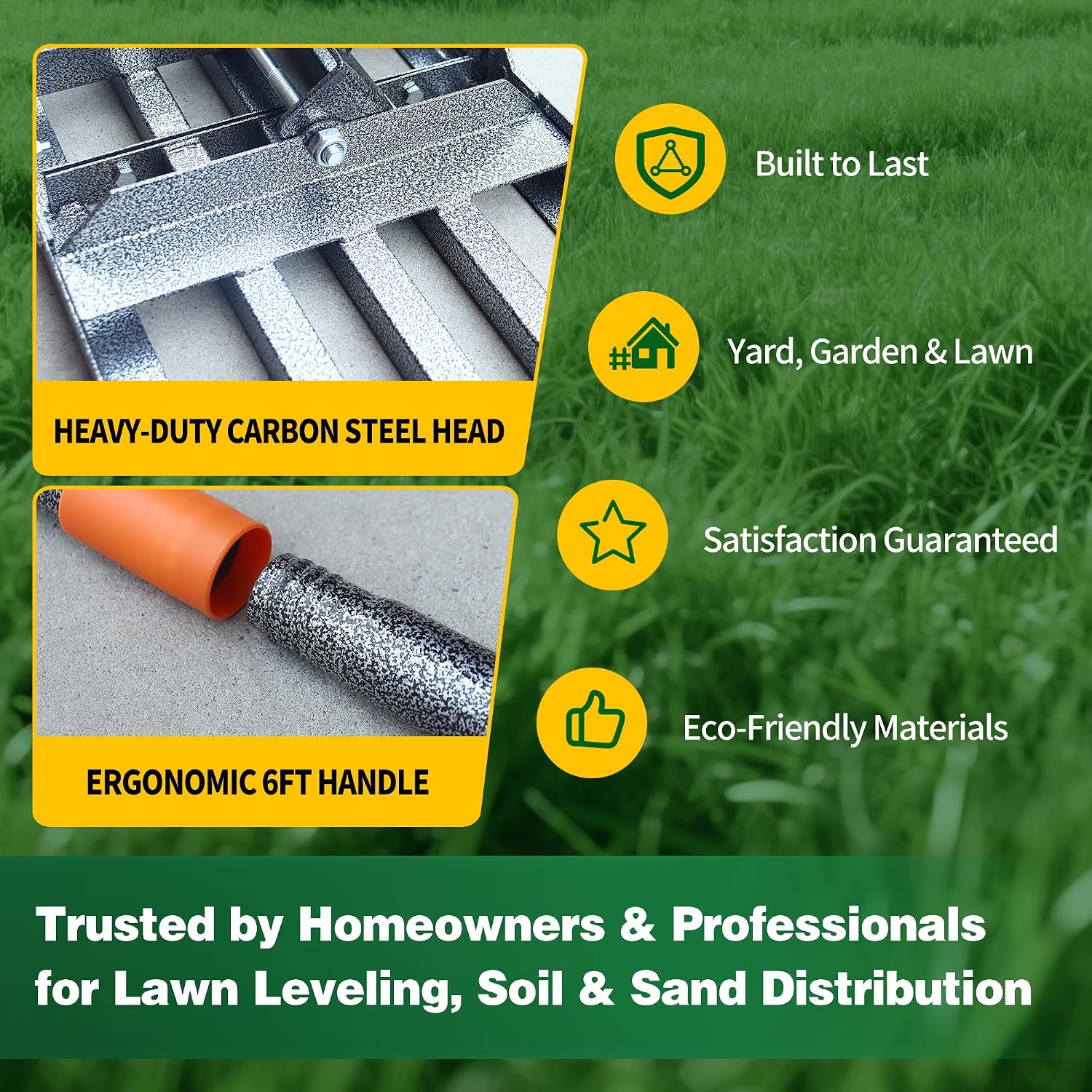 Lawn Leveling Rake 30x10 Inch, 6FT Heavy-Duty Carbon Steel Lawn Leveler – Yard Leveling Rake for Soil, Sand, Grass