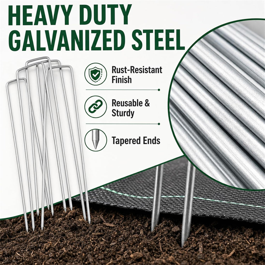 200 Pack 8 Inch Landscape Staples, Weed Barrier Stakes, 11 Gauge Galvanized | Tapered U-Shaped Stakes Secure Weed