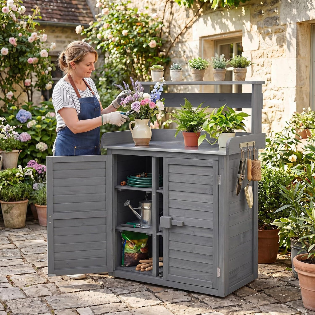 Goplus Garden Potting Bench Table with Stainless Steel Tabletop | Solid Fir Wood Indoor Outdoor Plant Workstation with