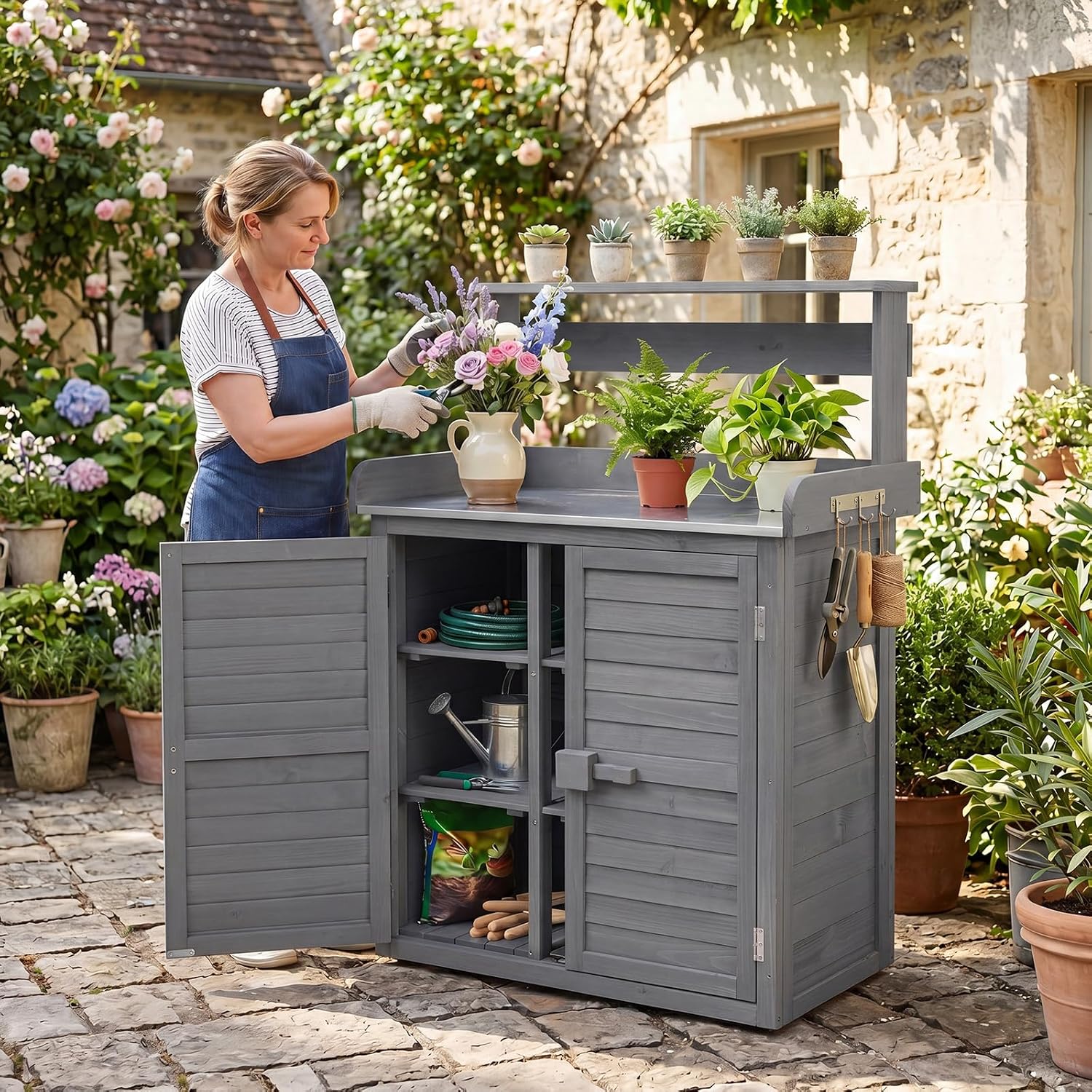 Goplus Garden Potting Bench Table with Stainless Steel Tabletop | Solid Fir Wood Indoor Outdoor Plant Workstation with