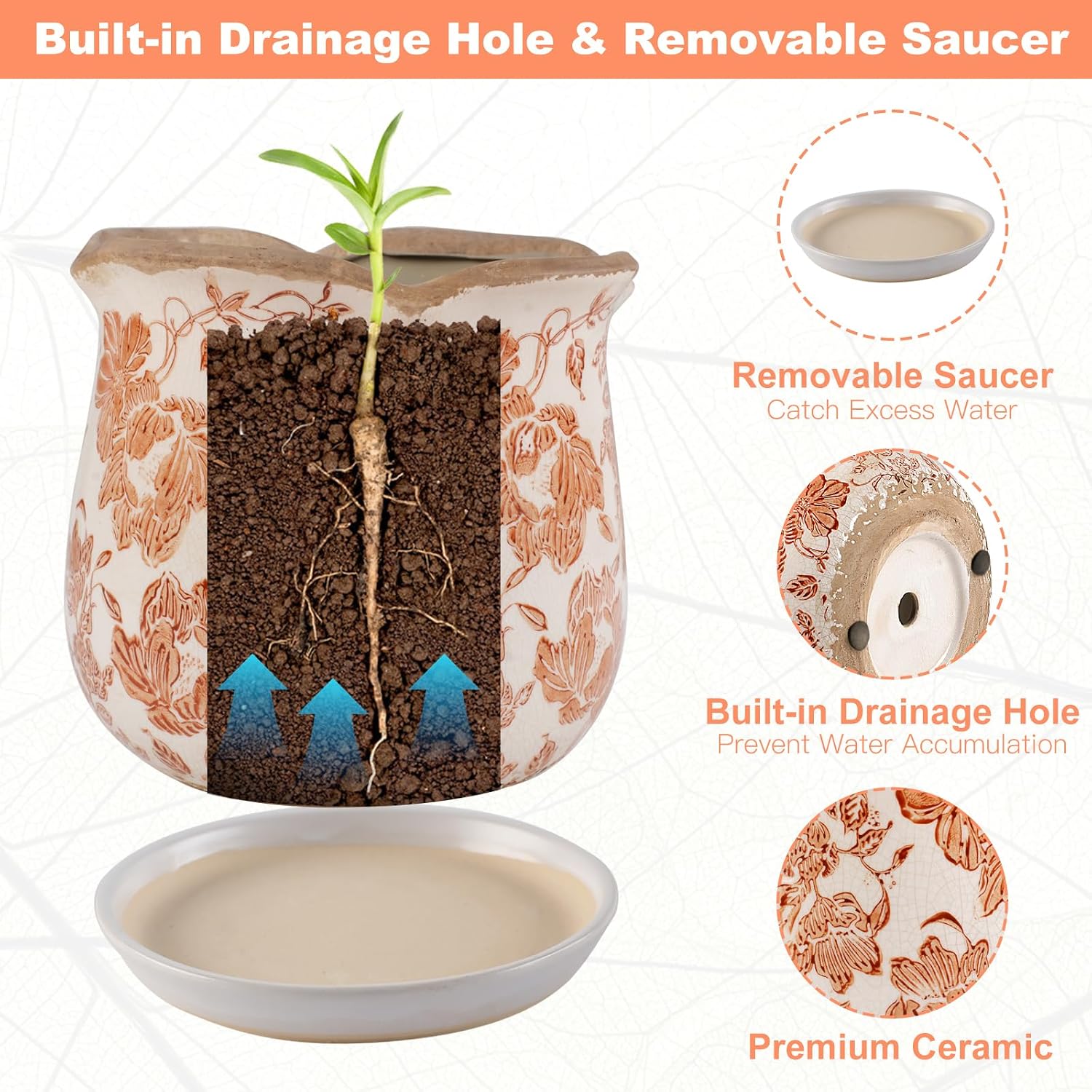 Ceramic-Planters-for-Indoor-Plants with Saucer, 6 inch Vintage Ice Crackle Glaze Plant Pots with Drainage Holes