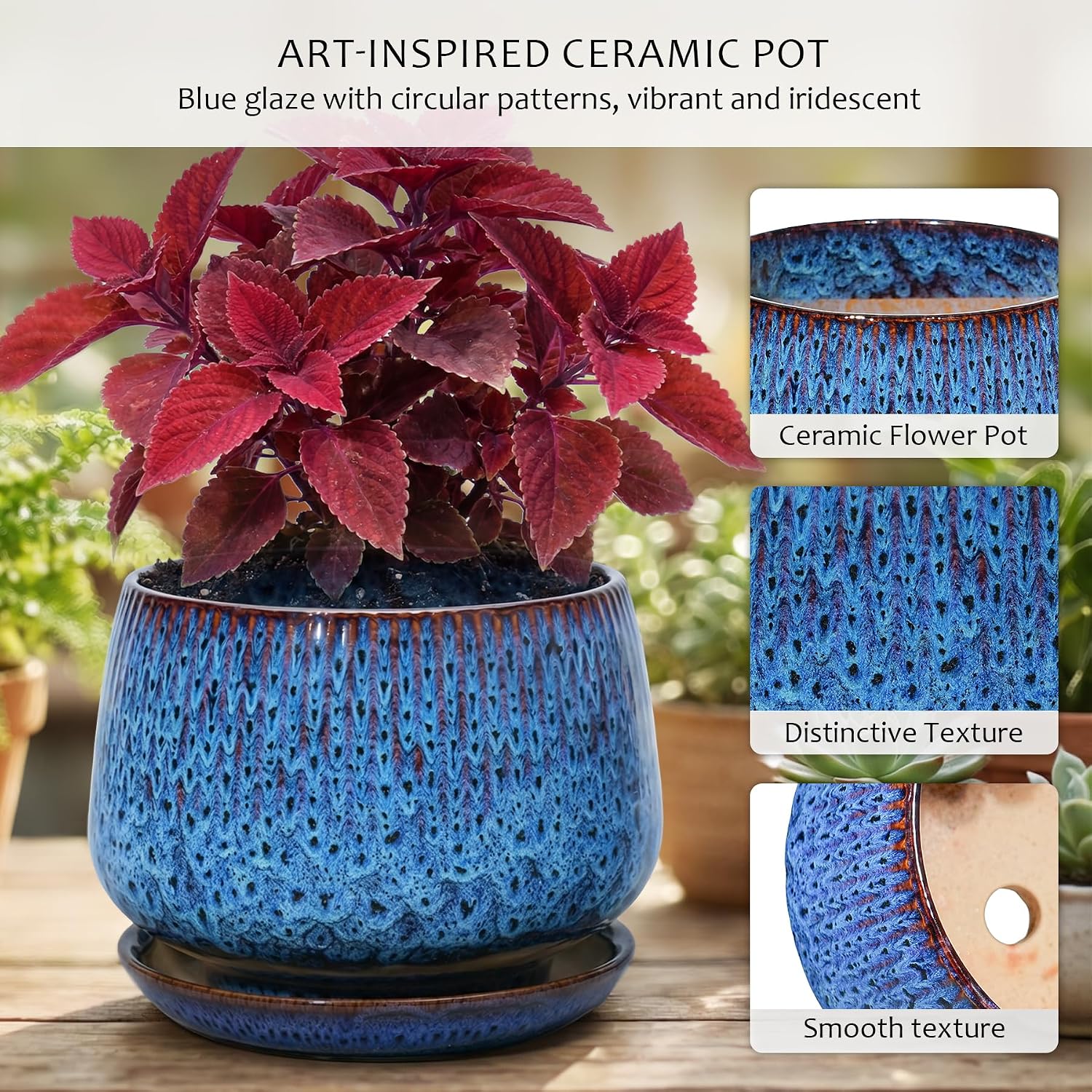 7.5 Inch Ceramic Planter with Saucer,Modern Garden Pots with Drainage Hole Mesh Net, for Indoor Outdoor Use (Speckle