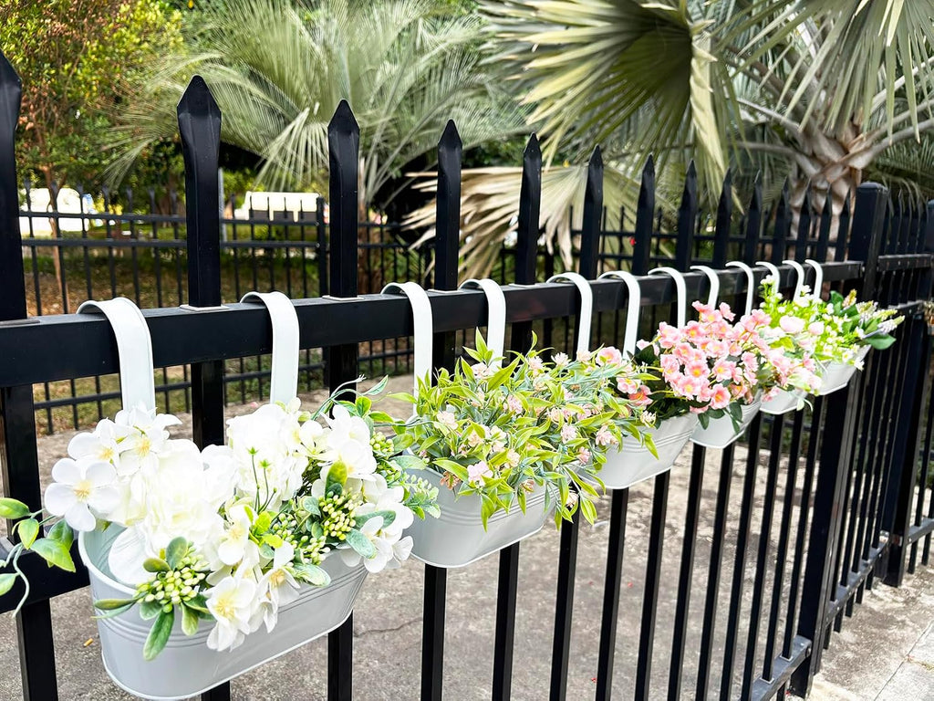 2 Pack 12" Metal Balcony Fence Railing Planters for Outdoor, Oval White | Detachable hooks, Drainage holes, Rustproof