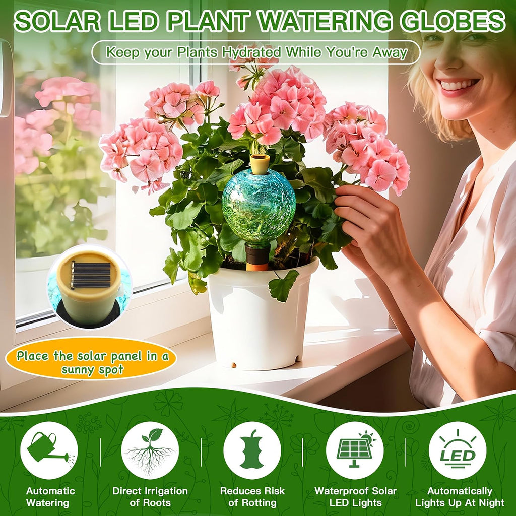 VOREEN Crackle Glass Plant Watering Globe with Terracotta Spike,Self-Watering Irrigation for Potted Plants, with Solar
