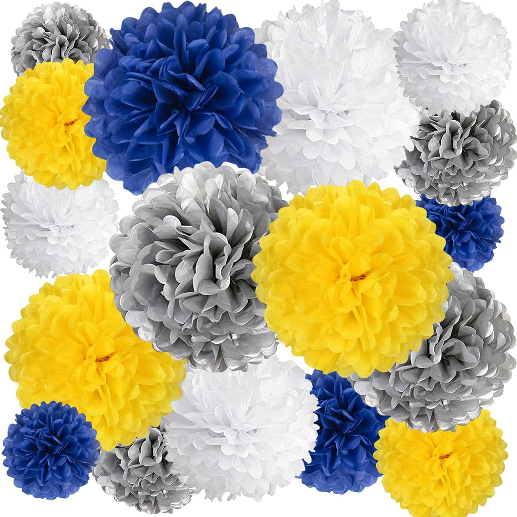 20 PCS Tissue Paper Pom Poms, Tissue Pom Poms Flowers, Sizes of 6", 10", 12", 14" Hanging Paper Flower Ball for Wedding, Birthday, Graduation, Baby Shower Party Decor (Yellow White Silver Blue)