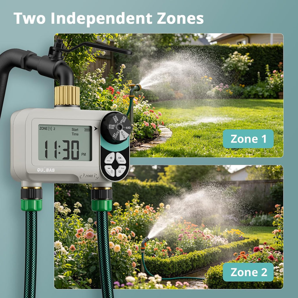 QUOBAS Zero Pressure Water Timer, Brass Sprinkler Timer for Garden Hose | Programmable Hose Timer with Child Lock, Rain