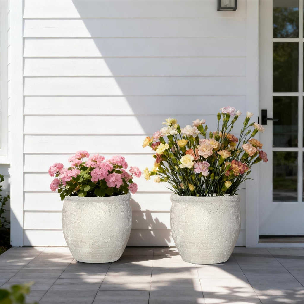 12" Dia Fiberstone Planter – Modern Farmhouse Indoor/Outdoor Flower Pot, Beige Container with Grainy Matte Texture &