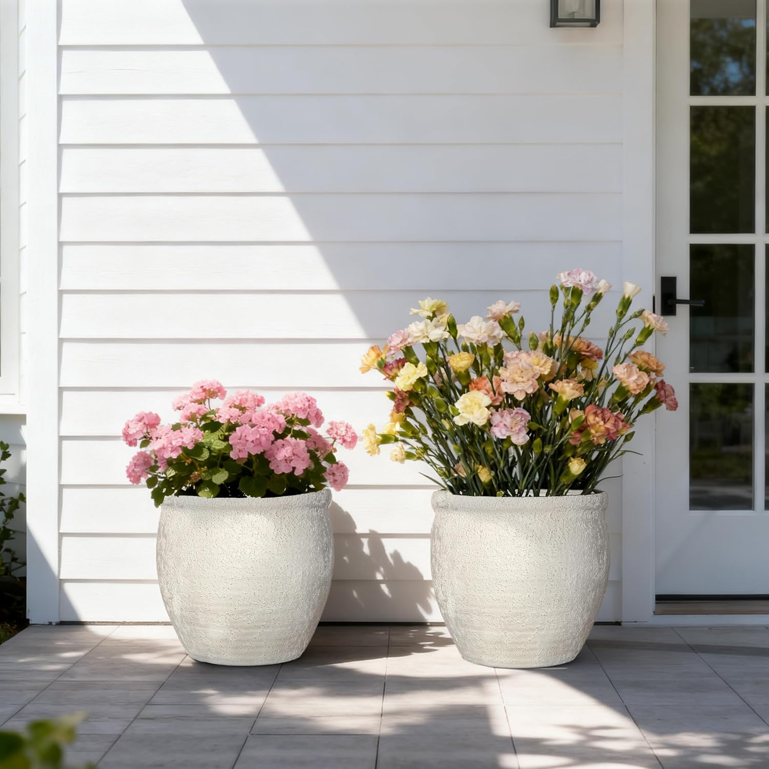 12" Dia Fiberstone Planter – Modern Farmhouse Indoor/Outdoor Flower Pot, Beige Container with Grainy Matte Texture &