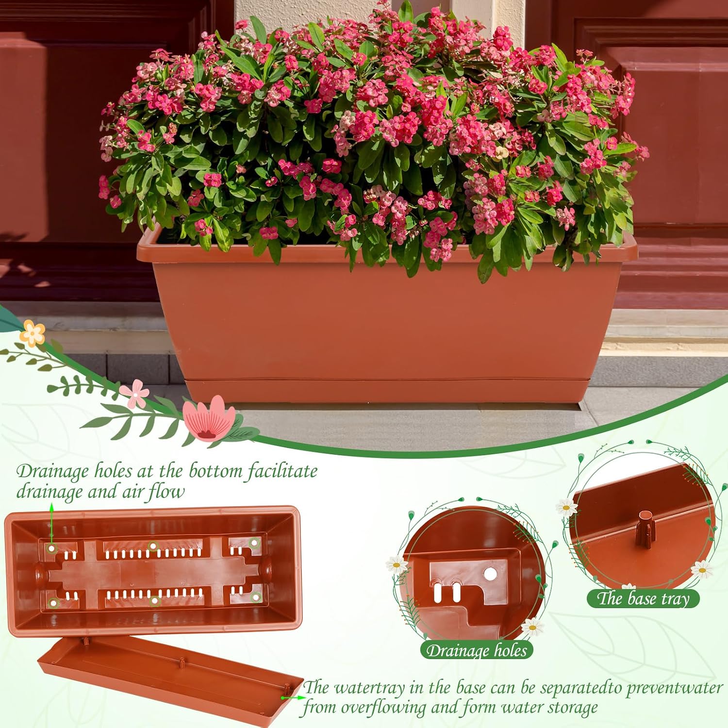 12Pcs 17Inches Rectangle Planter Box with Drainage Holes and Trays | Plastic Planters Flower Boxes Pots for Indoor