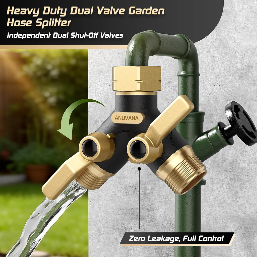 Hose Splitter 2 Way Heavy Duty, Garden Hose Splitter- Full Metal Body Y Type with Dual Shut Off Valves, 3/4" Standard